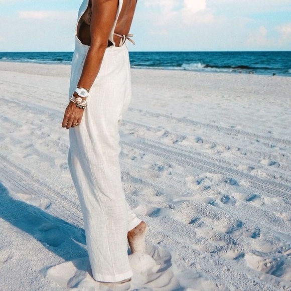 9seed Latigo Cropped White Linen Overalls Onesie Jumpsuit - Picture 4 of 4